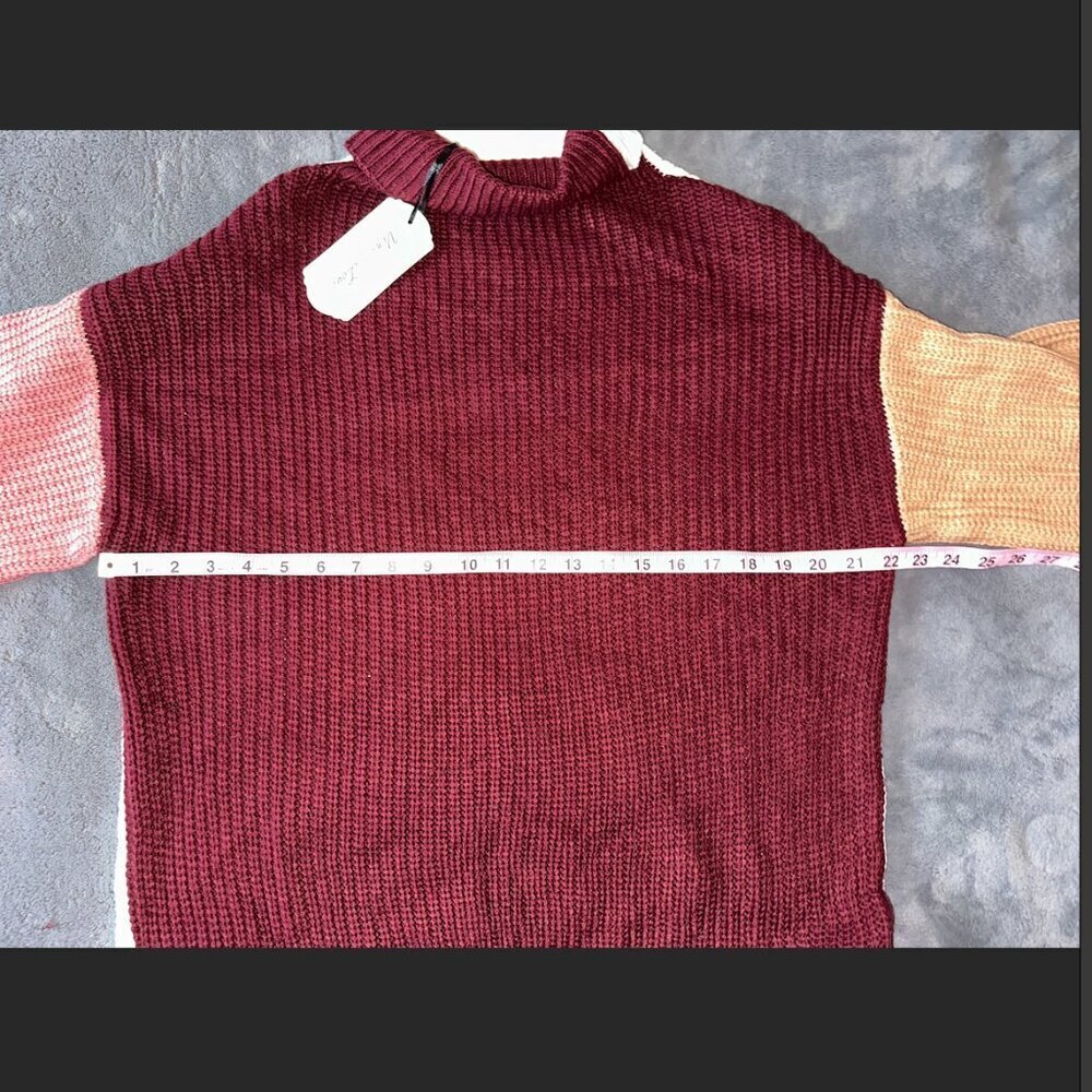 Vine & Love Burgundy Pink Tan Cream Chunky Knit Oversized Sweater Turtleneck - Picture 6 of 7